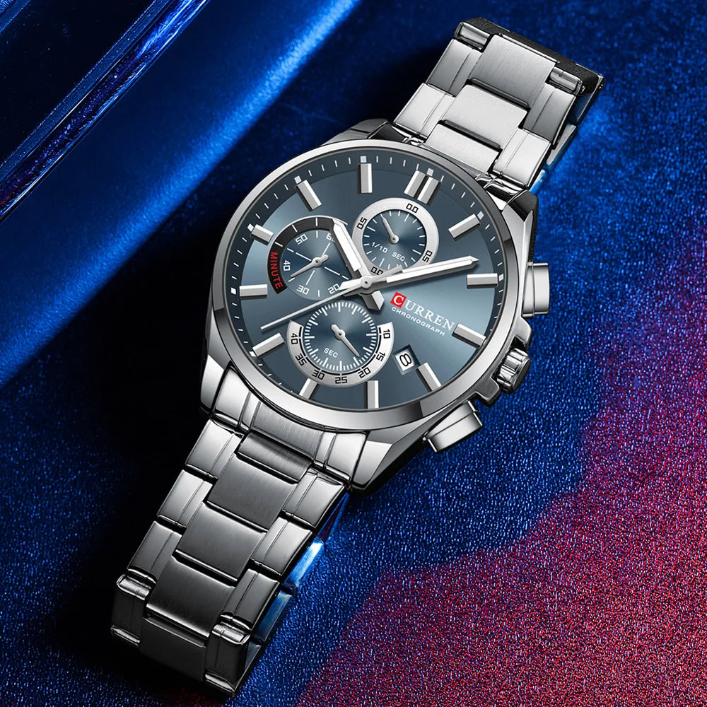 CURREN Men's Stainless Steel Chronograph Watches with Luminous Hands,Triple Sub-Dials Auto Date Fashion Design Quartz Wristwatch