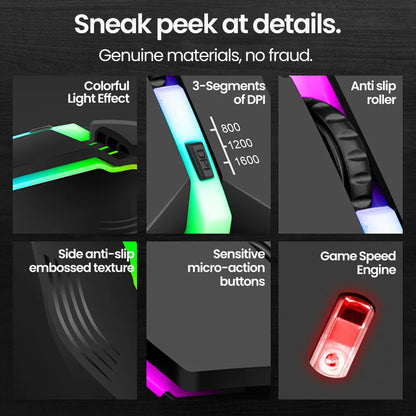 Rato Gaming USB com Fio RGB Retroiluminado e Botão Silenciar, para PC de Secretária, Portátil, Computador, Casa e Escritório, LED Luminoso, 1600DPI