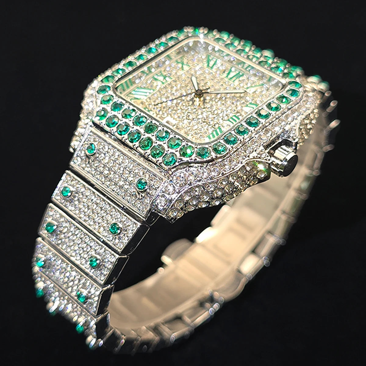 Gold Watch For Men Hip Hop Luxury Green Diamond Quartz Watches Fashion Iced Jewelry Clock Dropshipping