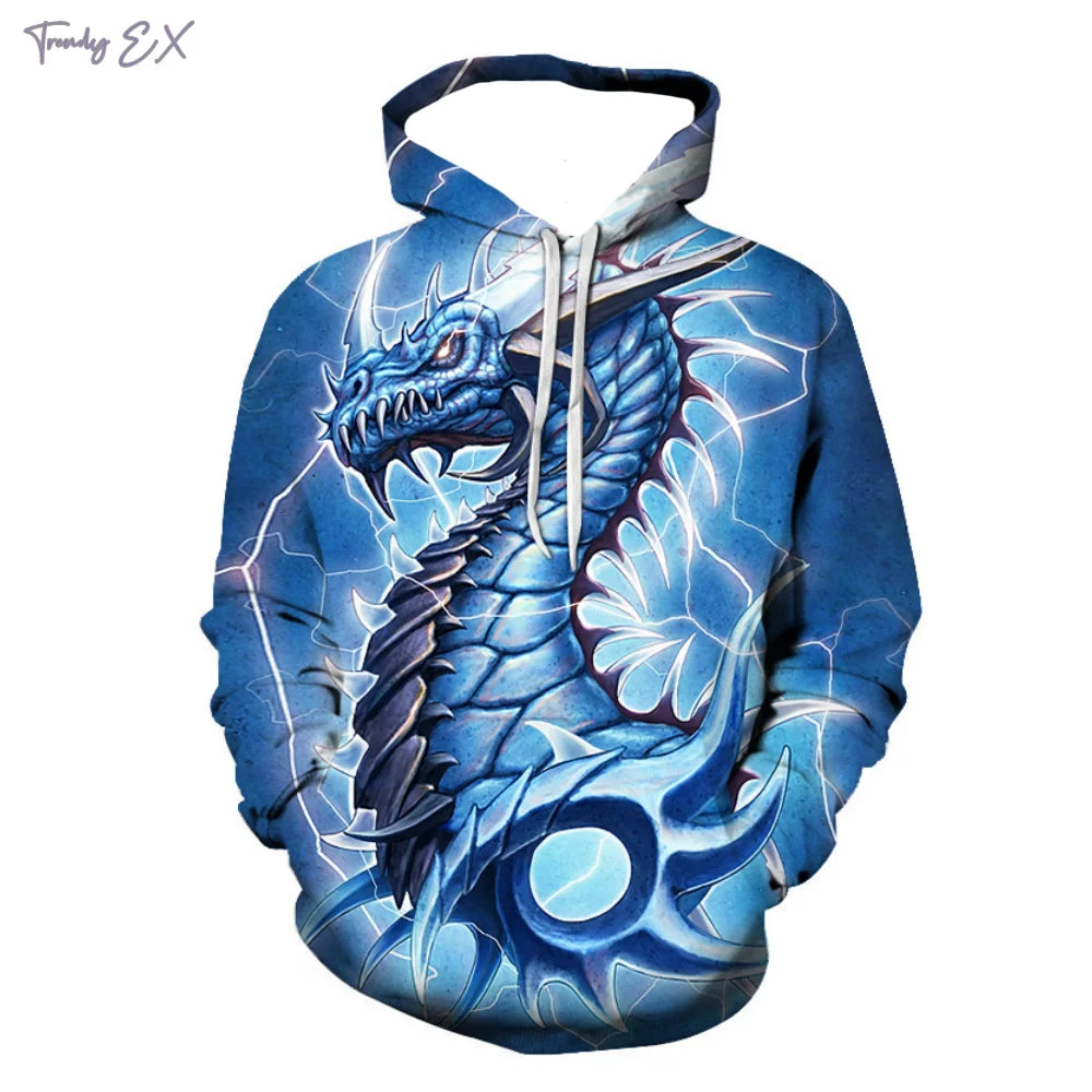 New Sweatshirt 3D Purple Flame Dragon Graphic with Drawstring Pullover Hoodies Harajuku Kangaroo Pocket Long Sleeve Men Clothes