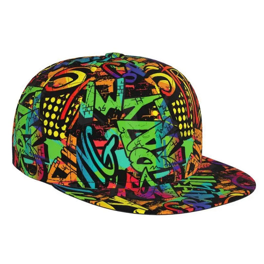 Farverig baseballcap med graffitikunst-print, justerbar snapback-kasket til mænd og kvinder, unisex hiphop-kasketter med flad skygge