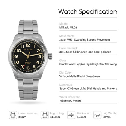 Militado ML08 Quartz Watch  VH31 Movement Steel Strip Sapphire Crystal Vintage Watch 10Bar Waterproof BGW9 Luminous Mens Watch