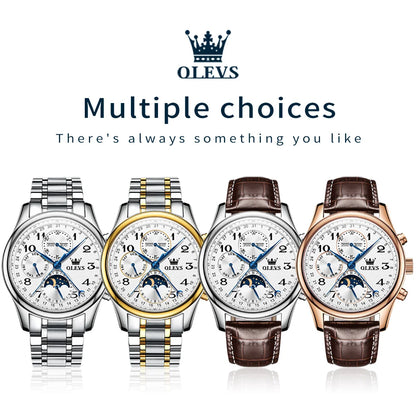 OLEVS 6667 Mens Watch Multifunctional Chronograph Mechanical Watch Leather Strap Moon Phase Watches For Man Luxury Original