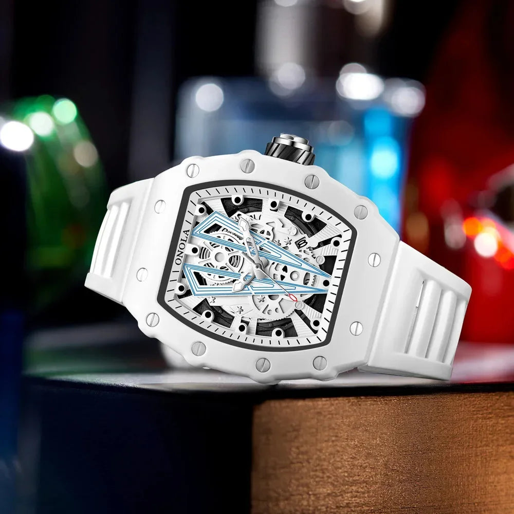 Gift Box Watches for Man ONOLA 3826W Trend White Men Watch Tonneau Calendar Waterproof Silicone Strap Relogios Masculino
