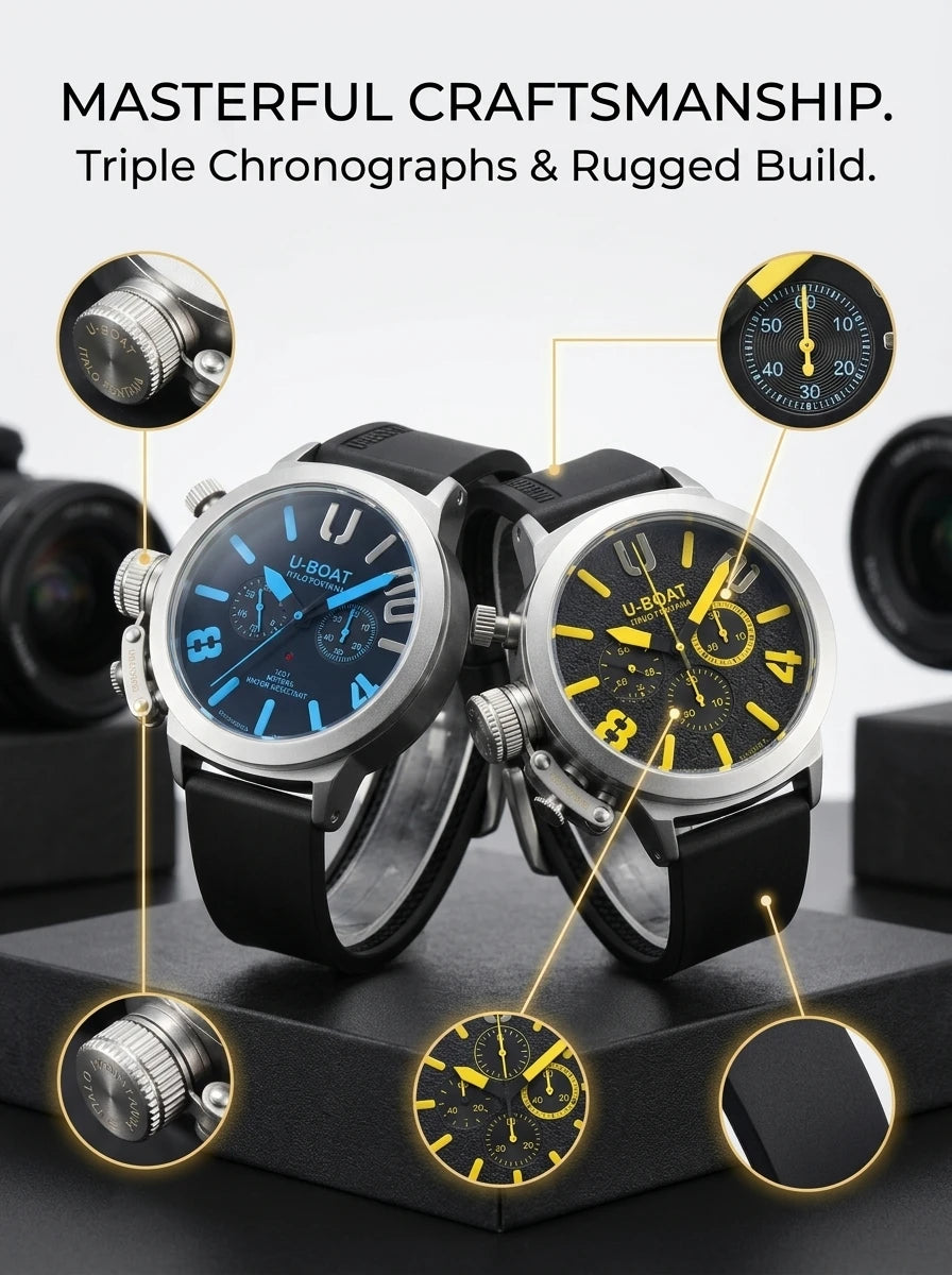 U-Boat Classico 1001 Style Men's Watch Big Dial Stainless Steel Case Rubber Band Luminous Waterproof 1001M Sports Wristwatch