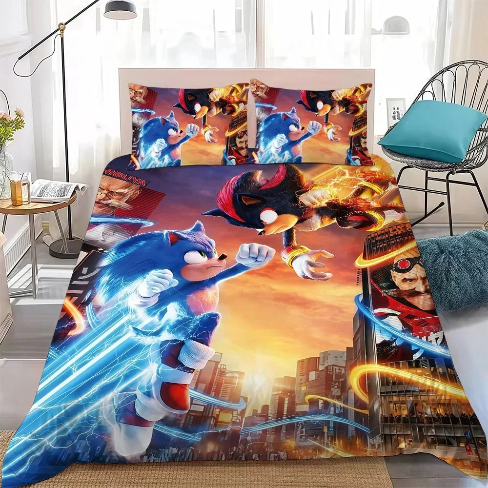 Conjunto de Capa de Edredão The Movie H-Hedgehog S-SonicES 3 em Algodão Lavado Macio, Roupa de Cama Confortável de Verão para Dormitório de Estudante e Casa, 2/3 Peças