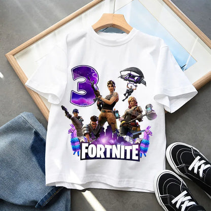 T-shirt Fortnite com Número de Aniversário para Crianças, Raparigas e Rapazes, Roupa de Verão, T-shirt em Algodão para Bebé, Top de Manga Curta para Festa, Presente para Criança Pequena