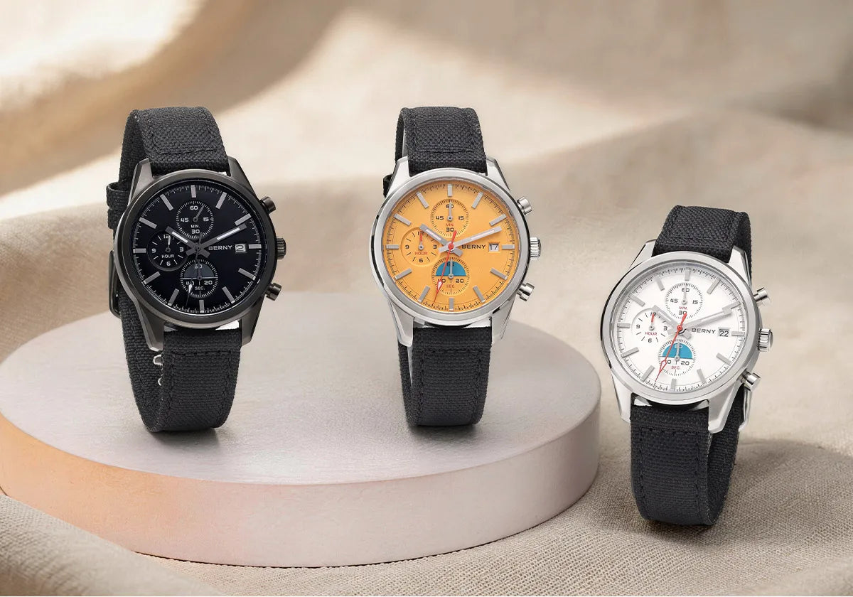 BERNY Chronograph Watch for Men/Women 37mm Dial Woven Fabric Sapphire AR Coated 5ATM Fashion Sport Calendar 316L Couple Watch