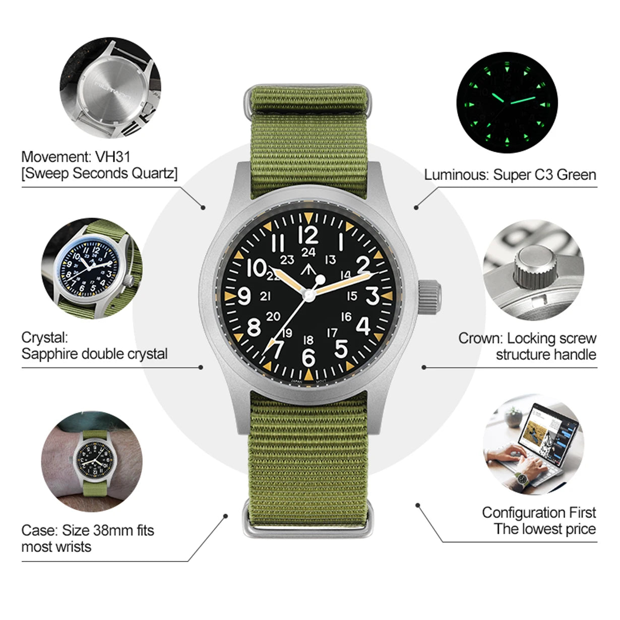 Militado ML05 38mm Vintage Watch VH31 Quartz Movement Field Watches Domed Sapphire Crystal With High Clear AR Coating Wristwatch