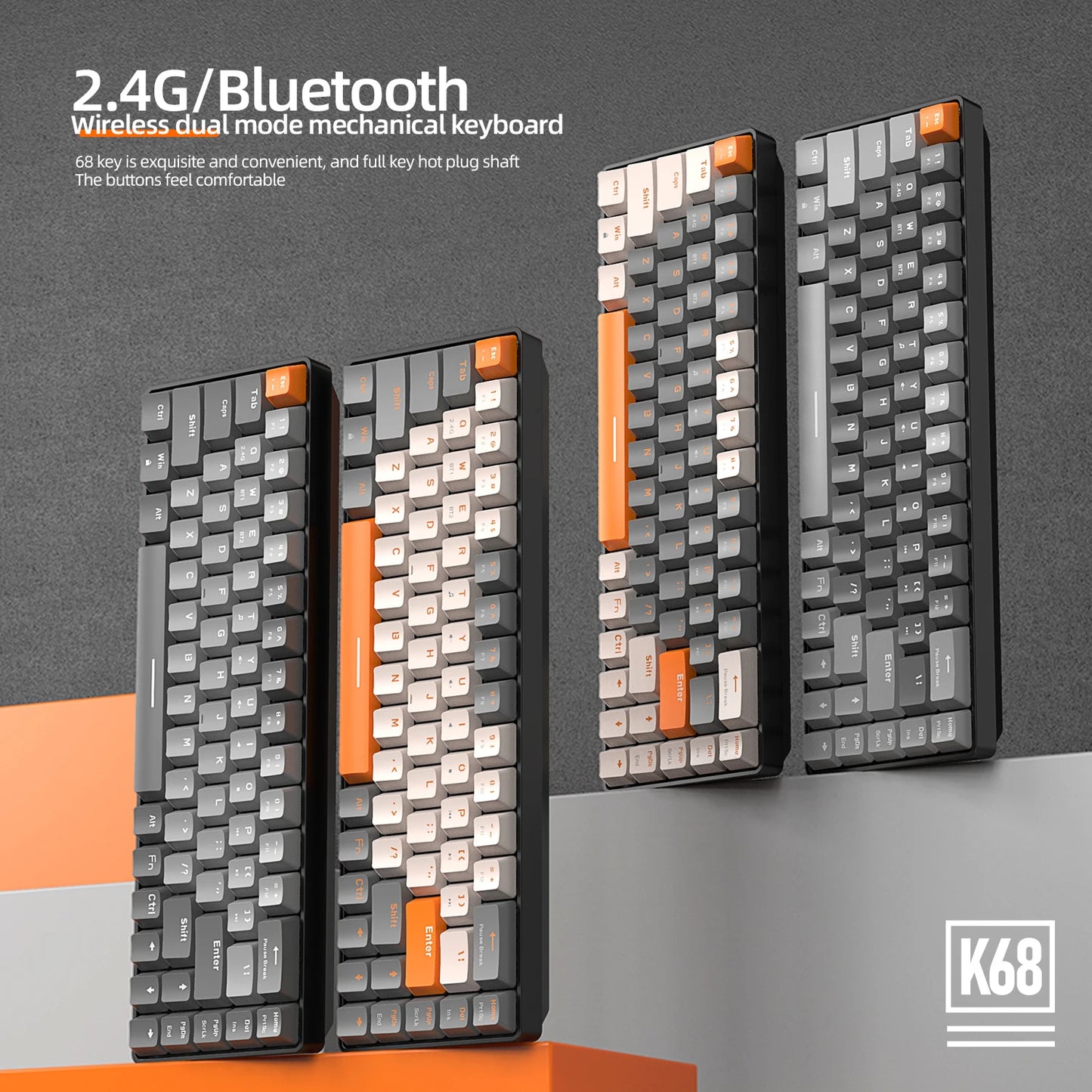 FREEWOLF K68 Mechanical Keyboard, Bluetooth Wireless, Blue and Red Switches, Hot-swap, Small Size Mini Keyboard