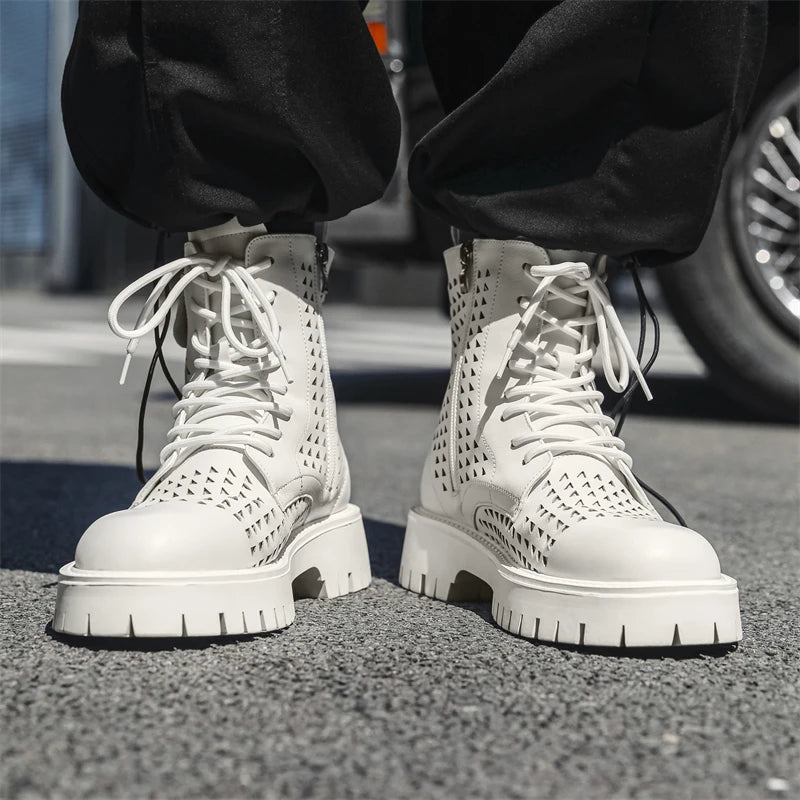 Non-Slip Men's High Top Casual Leather Shoes Street Style Motorcycle Boots New Stylish Ankle Boots Thick Bottom Walking Footwear