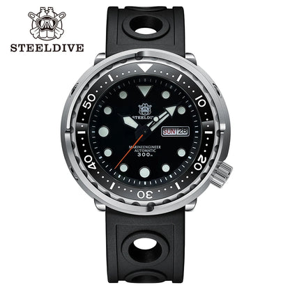 STEELDIVE SD1975W Black Dial Day and Date Function NH36 Automatic Movement 47.5mm Super Luminous 300M Waterproof Tuna Can Watch
