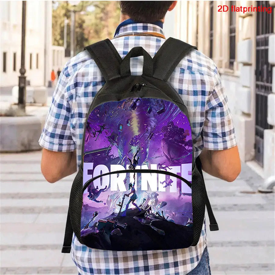 3Pcs FORTNITE Cartoon School Set Lightweight Backpack Front Pocket Lunch & Pencil Case For Kids Age 5-9 Free 3D Printed Keychain