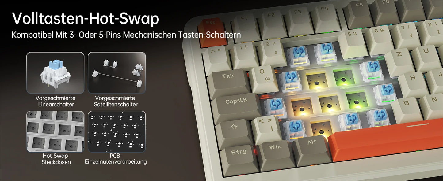 German Version Ajazz Ak820 Gaming Mechanical Keyboard, German Keyboard, ISO-DE Layout Qwertz Hot-Swappable Volume Knob, Holiday Gift