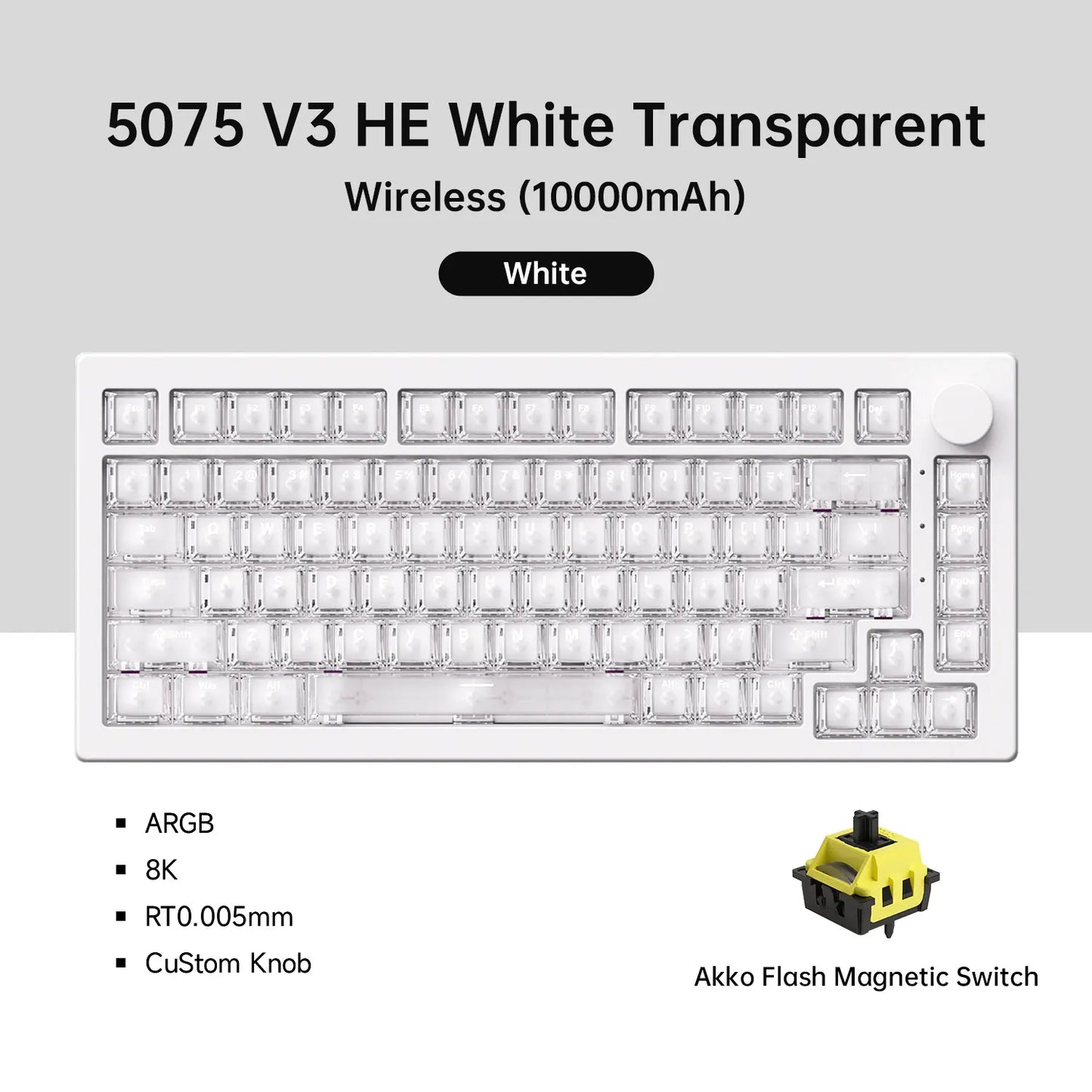 Teclado Magnético Akko 5075 V3 HE 75% — Teclado Mecânico Gaming Personalizado, Rapid Trigger 0.005mm, Taxa de Polling 8K, ARGB