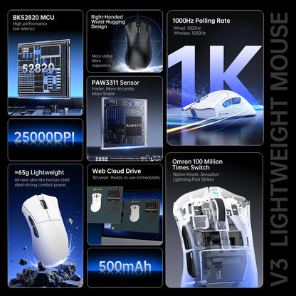 ATTACK SHARK V3 Superlight Wireless Gaming Mouse, 62g PixArt PAW3311 Sensor, Tri-Mode BT/2.4G/Wired, 25000 DPI RGB Gaming Mouse