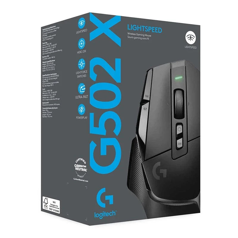 Rato gaming sem fios Logitech G502 X Lightspeed com switches híbridos ótico-mecânicos LIGHTFORCE, sensor gaming HERO 25K compatível, novo