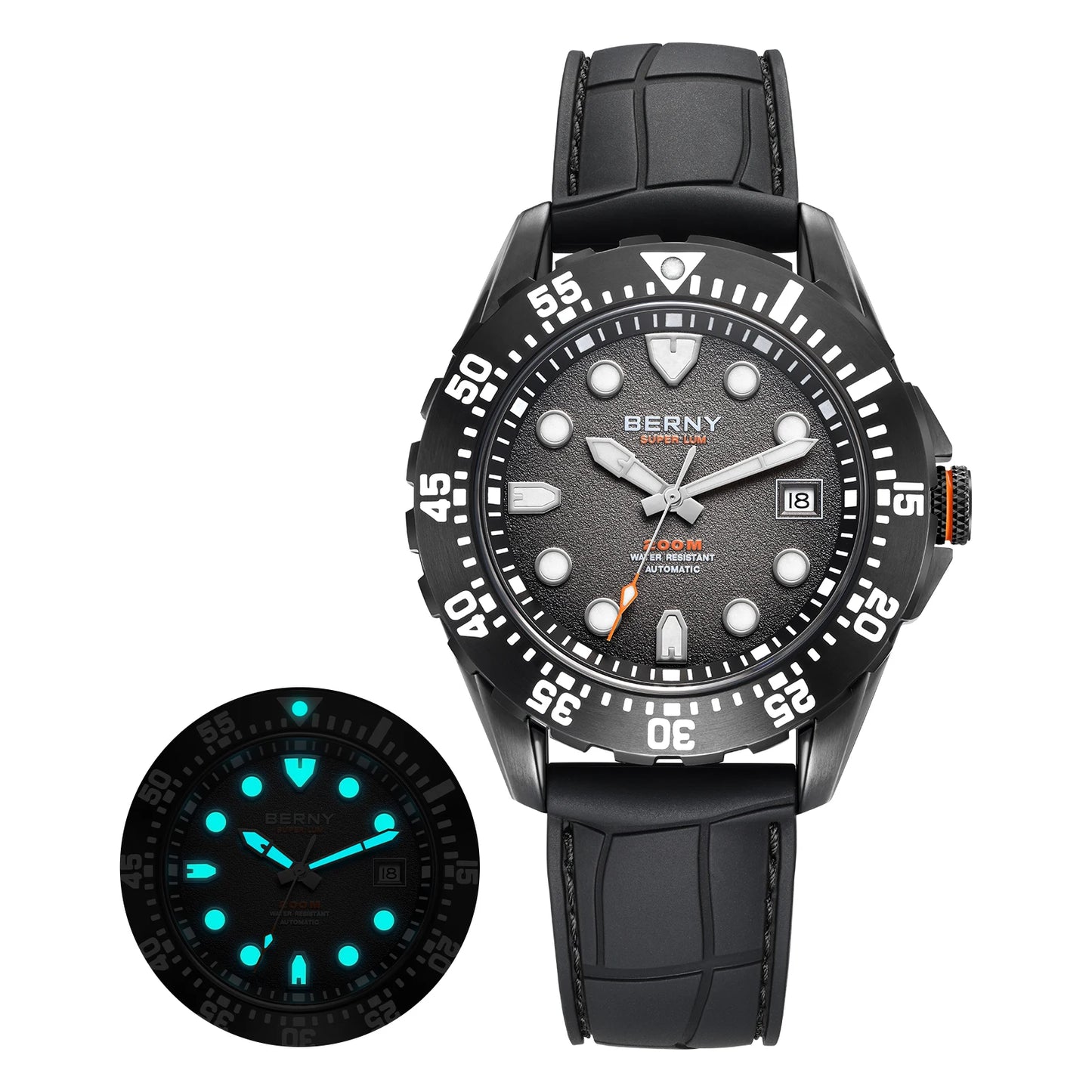 BERNY Automatic Diver Watch for Men Frosted Dial MIYOTA 8215 316L Supper Luminous Sapphire AR Fluororubber Men's Diving Watches