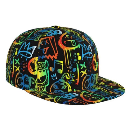Farverig baseballcap med graffitikunst-print, justerbar snapback-kasket til mænd og kvinder, unisex hiphop-kasketter med flad skygge