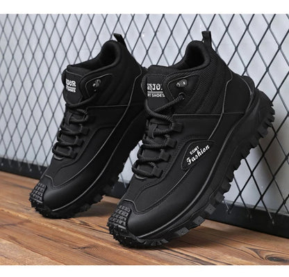 Men'S Black And White Mid Top Hiking Boots Waterproof Leather Platform Sneakers Non Slip Outdoor Casual Shoes With Rugged Sole