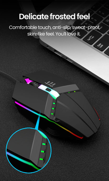 Rato Gaming USB com Fio RGB Retroiluminado e Botão Silenciar, para PC de Secretária, Portátil, Computador, Casa e Escritório, LED Luminoso, 1600DPI
