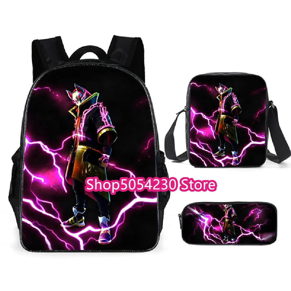 Conjunto de Mochila Fortnited 3PCS para Adolescentes e Estudantes, Saco de Viagem Fortress Night, Mochila Escolar 3D de Jogos Populares