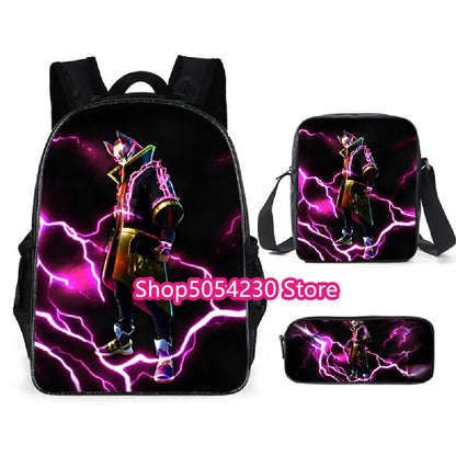 Conjunto de Mochila Fortnited 3PCS para Adolescentes e Estudantes, Saco de Viagem Fortress Night, Mochila Escolar 3D de Jogos Populares