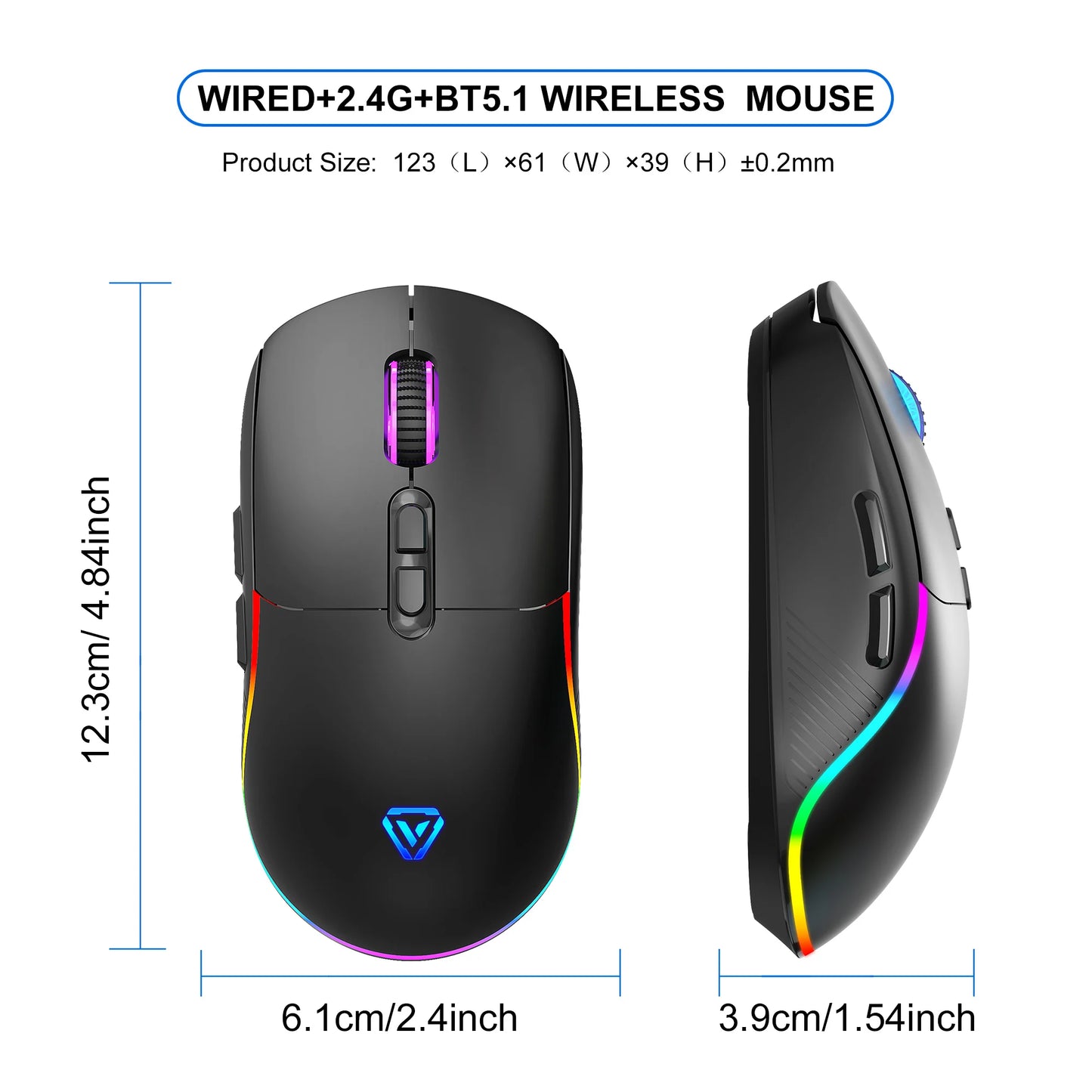 Rato Tri-Mode 2.4G sem fios/Bluetooth/com fios, DPI ajustável em 6 níveis, bateria de 500mAh, iluminação RGB, rato de gaming e eSports com macro para escritório