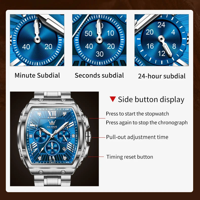 OLEVS New Design Tonneau Watch Men Luminous Waterproof Date Stainless Steel Chronograph Quartz Watches for Men Relogio Masculino