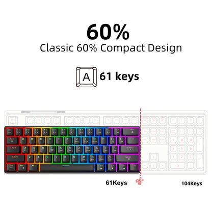 RK61 Wired 60% Mechanical Gaming Keyboard RGB Backlit 61 Keys Ultra-Compact Hot Swappable Red Switch Provides a Smooth