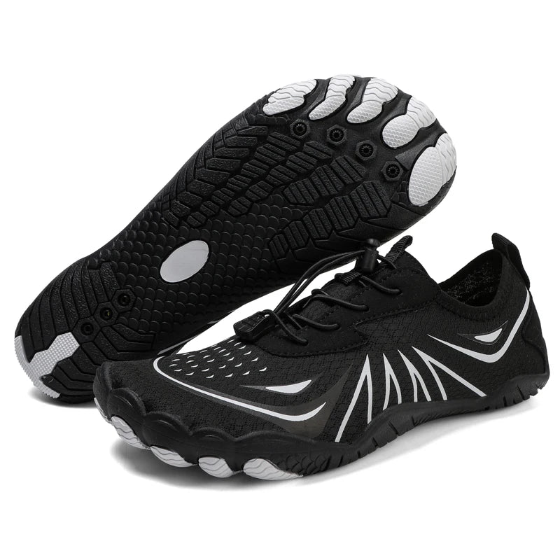 Novos sapatos aquáticos 2025 barefoot para praia e desporto, sapatos de natação antiderrapantes de alta qualidade, sapatos desportivos casuais de cinco dedos unissexo