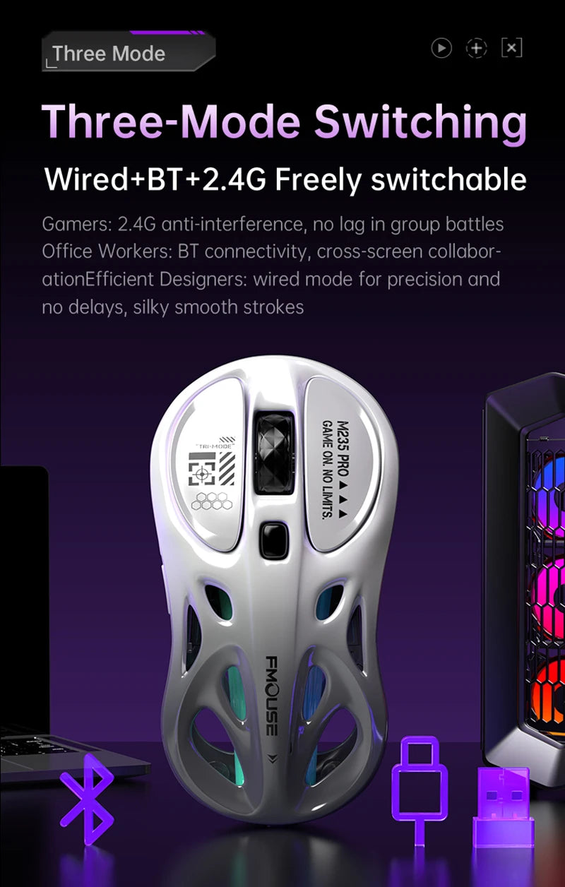 Rato Gaming Sem Fios 2.4G Trimodo RGB, Design Oco Leve com Iluminação Chroma, Com Fios/Bluetooth, Rato E-Sports Controlador
