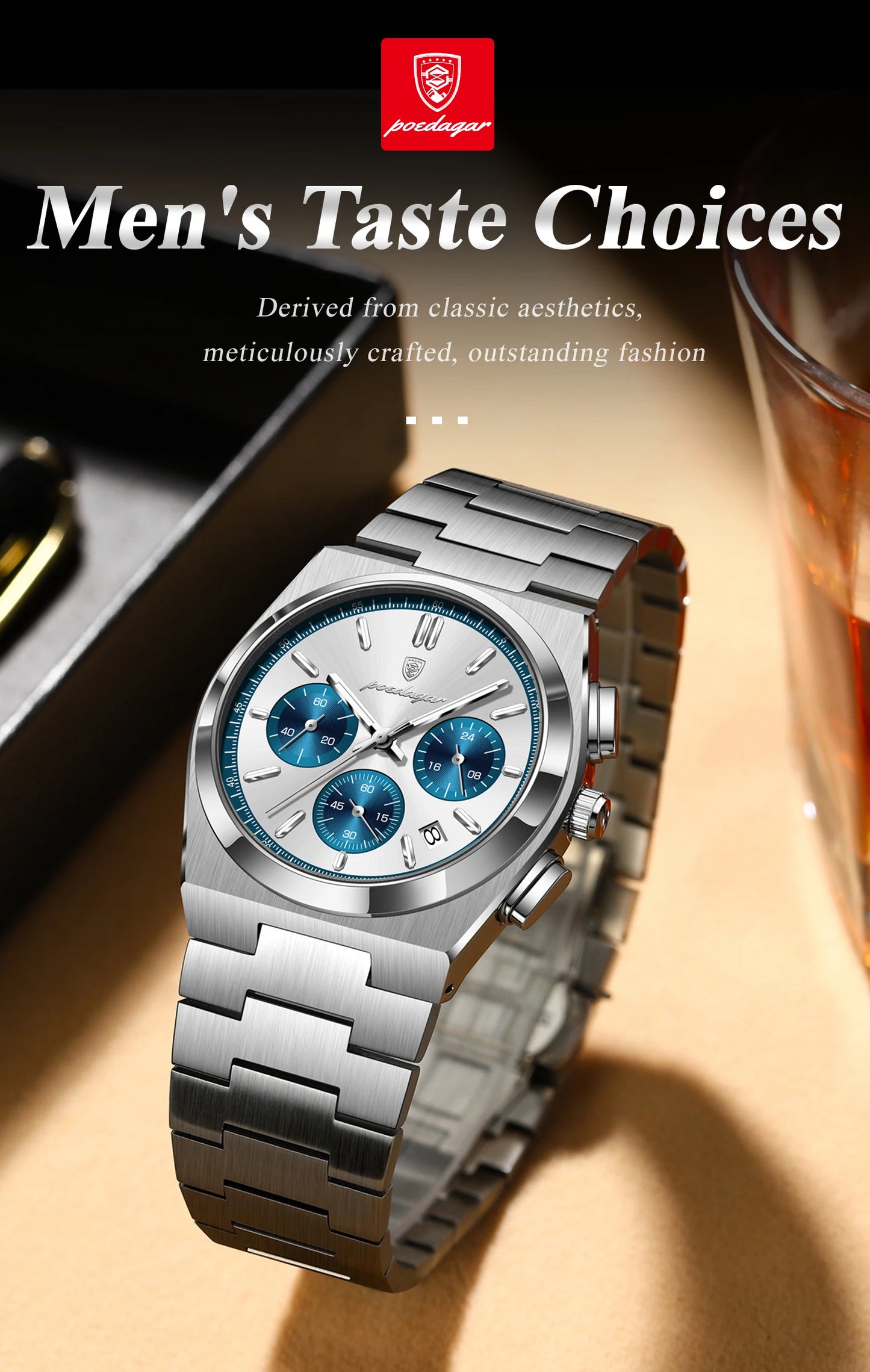 POEDAGAR Fashion Men's Wristwatch Chronograph Date Stainless Steel Quartz Man Clock Waterproof Luminous Business Watches For Men