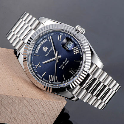 Sugess Watch Mens 40mm Date Day Automatic Dandong Peacock SL3034 Movement Retro Mechanical Wristwatch Sapphire Glass Golden New