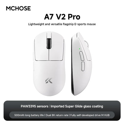 MCHOSE A7 V2 Wireless Gaming Mouse, Tri-Mode Bluetooth 8K Lightweight Esports Mouse with PAW3950 Sensor, 42000 DPI Ergonomic Gaming Mouse
