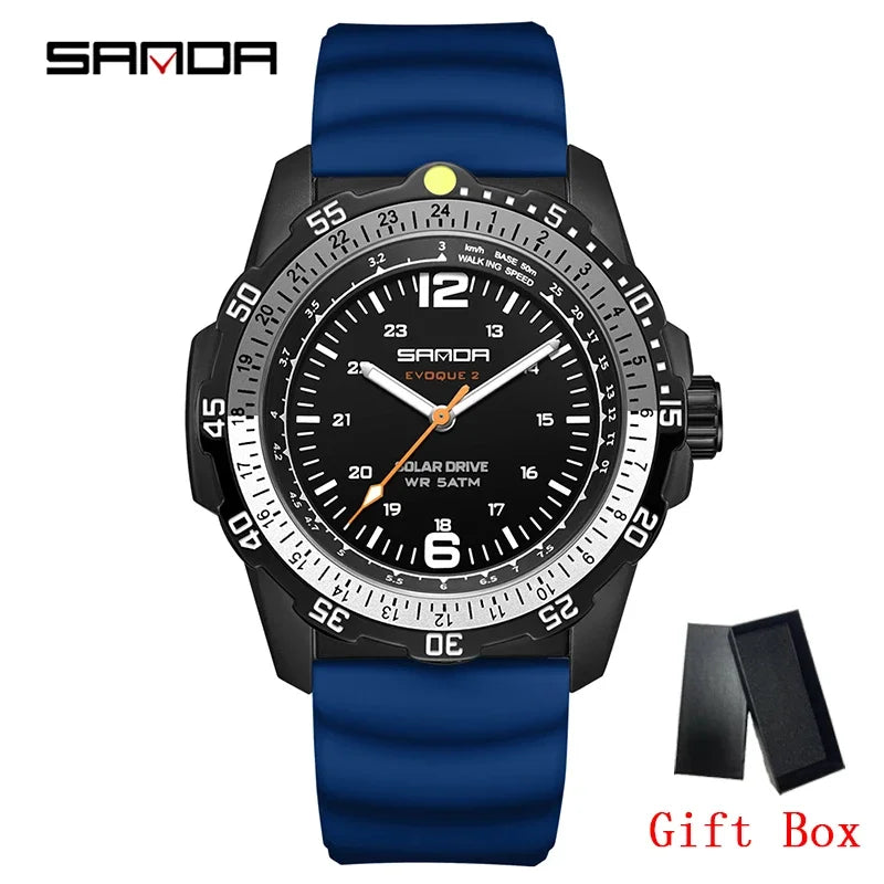 SANDA Luxury Men's Solar-powered Watch Creative Quartz Dial Luminous Hands Waterproof Sport Student Wristwatch Innovative Design