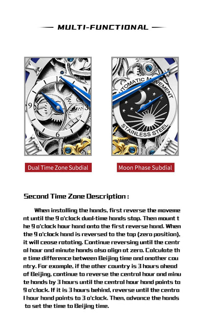 OLEVS 6670 Mens Watch Luxury Brand Skeleton Mechanical Watch Moon Phase Stainless Steel Watches For Man Gifts Box High Quality