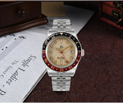San Martin 40mm SN0005 Retro GMT NH34 Automatic Distressed Patina Dial Bi-color Sapphire Bezel Jubilee Mens Watches 20Bar Lume