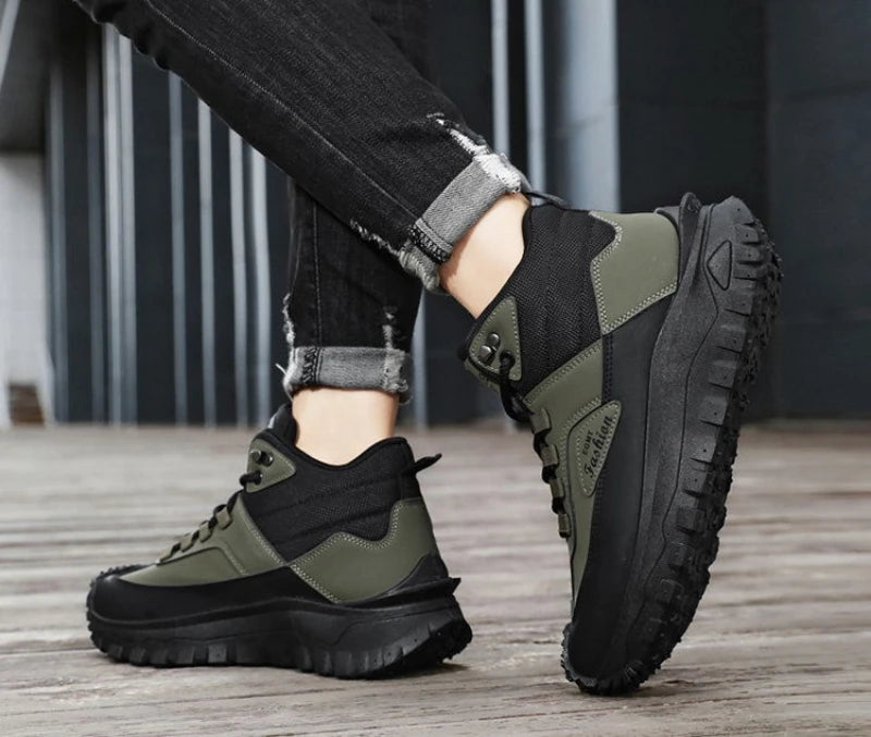 Men'S Black And White Mid Top Hiking Boots Waterproof Leather Platform Sneakers Non Slip Outdoor Casual Shoes With Rugged Sole