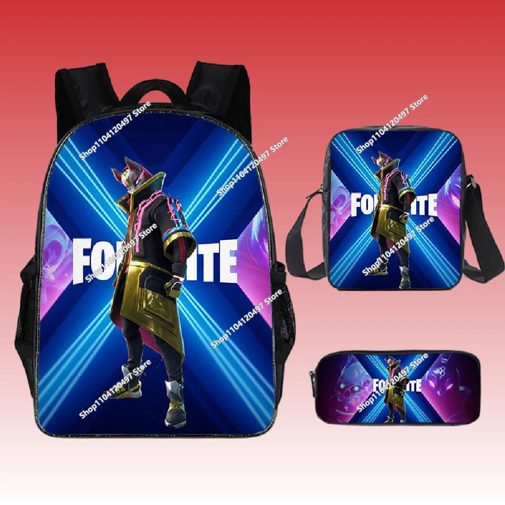 3pcs/set Mochila Fortnite de grande capacidade para estudante, estilo anime e cartoon, estojo, lancheira kawaii, presentes de aniversário