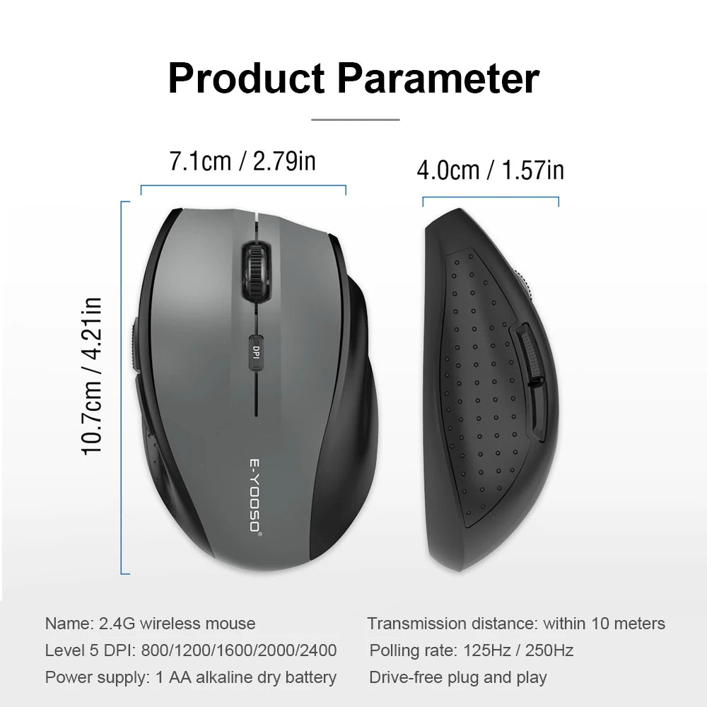 Rato E-YOOSO E-1010 USB 2.4G sem fios para gaming e escritório, 2400 DPI, ótico e ergonómico, para portátil, PC e computador