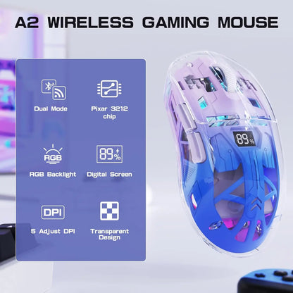Rato Gaming Sem Fios Transparente A2, BT 5.0/2.4G para PC, Recarregável, RGB, com Ecrã Digital, PixArt 3212, 5 Níveis de DPI Ajustáveis