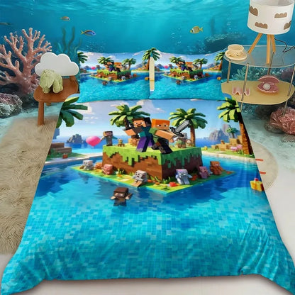 Cartoon Children Duvet Cover Minecraft Cartoon Quilt Cover Bedding Set Queen King Full Size with 1/2 Pillocase Bedroom