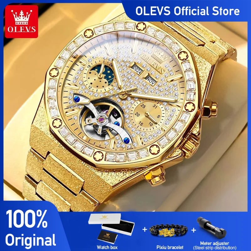 OLEVS 9805 Mens Watch Original Brand Tourbillon Automatic Mechanical Watch Diamond Dial Waterproof Moon Phase Watches For Men