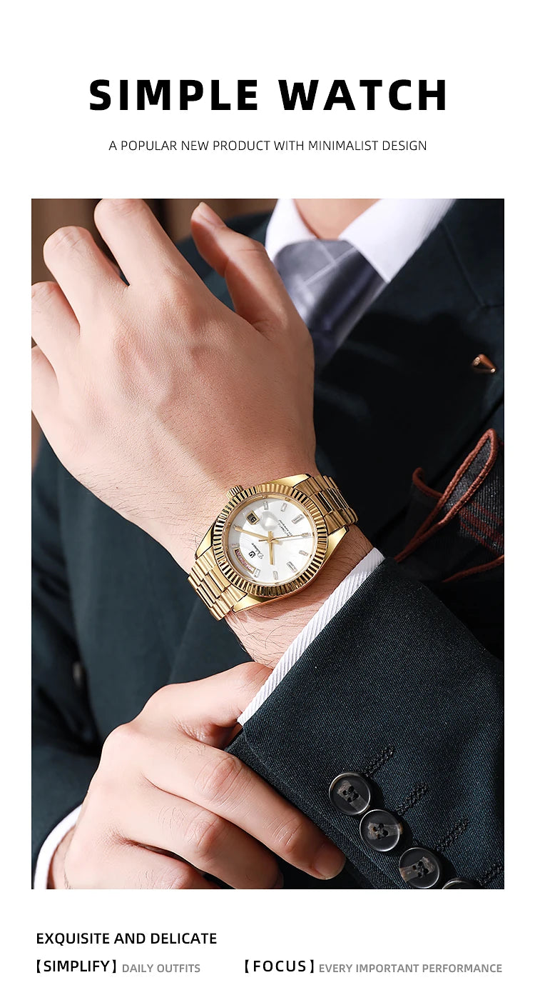 Top Brand Business Men's Watches Luxury Calendar Week Automatic Mechanical Watch for Man Waterproof Gold Stainless Steel