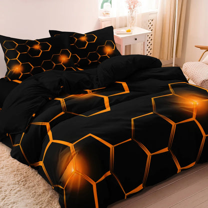 3pcs Geometric 3D Hexagonal Honeycomb Pattern Duvet Cover Set, Digital Print Colorful Polyester Bedding with Zipper Closure