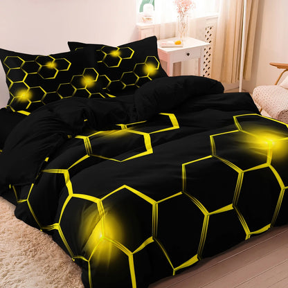 3pcs Geometric 3D Hexagonal Honeycomb Pattern Duvet Cover Set, Digital Print Colorful Polyester Bedding with Zipper Closure
