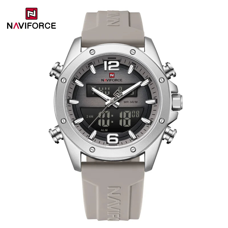 NAVIFORCE Men Quartz LCD Dual Display Watch With Silicone Strap 3ATM Waterproof Shockproof Night Light Round Case Sport Casual