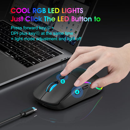 Rato Tri-Mode 2.4G sem fios/Bluetooth/com fios, DPI ajustável em 6 níveis, bateria de 500mAh, iluminação RGB, rato de gaming e eSports com macro para escritório
