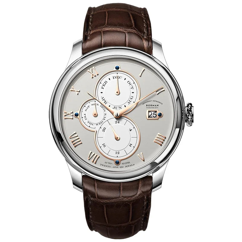 Luxury Brand BORMAN Automatic Mechanical Men's Watches Sapphire 50M Waterproof Multi-function Dial Retro Leather Clocks BM18011